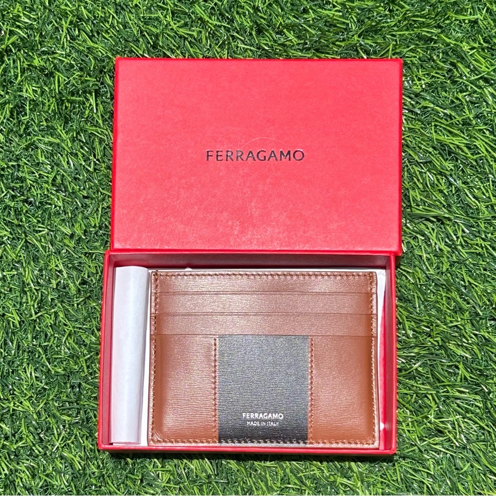 SALVATORE FERRAGAMO CARDHOLDER WALLET BROWN/BLACK LEATHER NEW WITH BOX